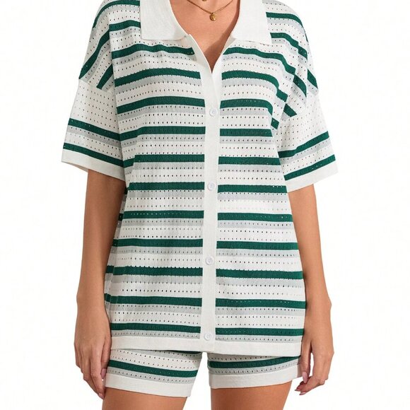 Dark Green Casual Women's Stripe Button Crochet Knit Tops And Shorts Sets - Picture 4 of 10